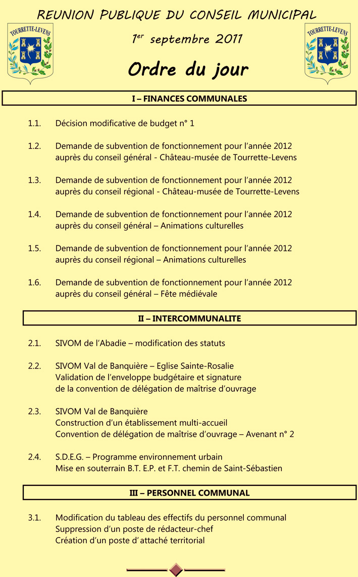 Conseil municipal, ordre du jour