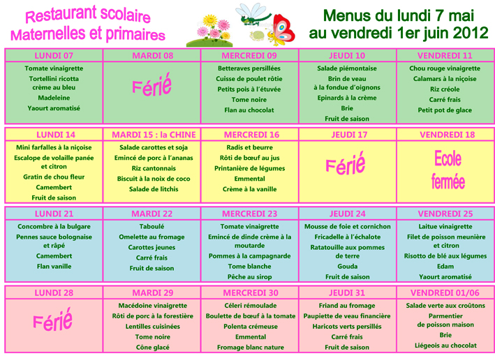 Menus du mois de mai 2012