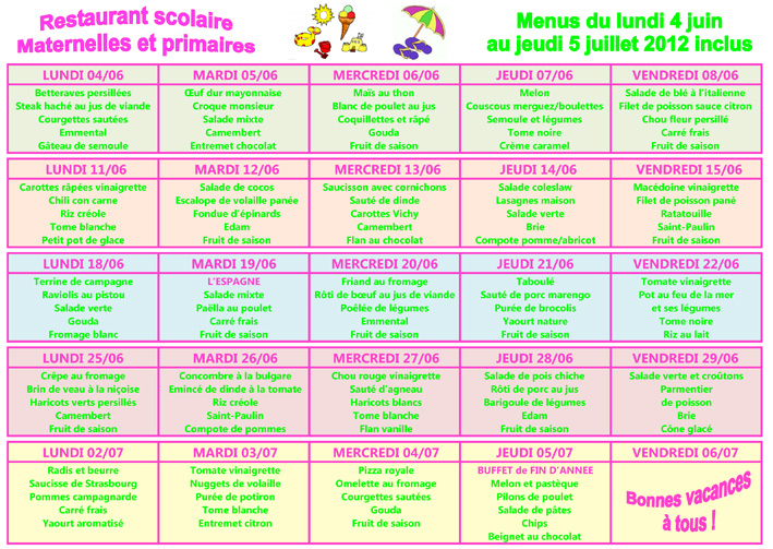 Menus des écoles pour juin 2012