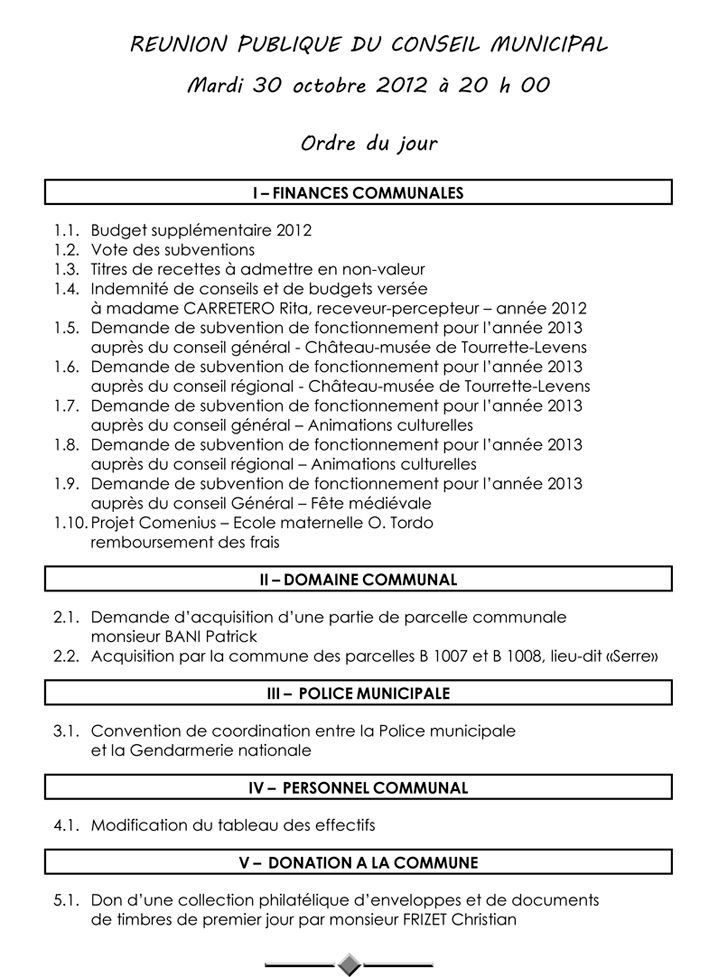 Ordre du jour du 30 octobre 2012