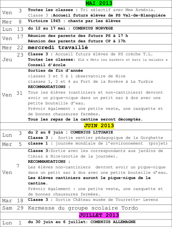 Agenda de la maternelle