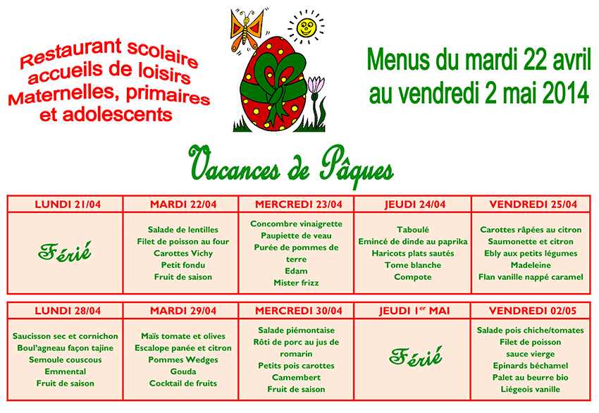 Menus Pâques 2014