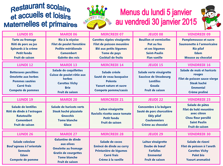 Menus restaurant scolaire