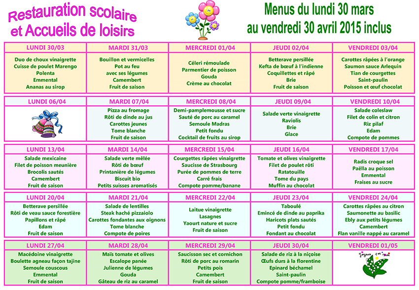 Menus avril 2015